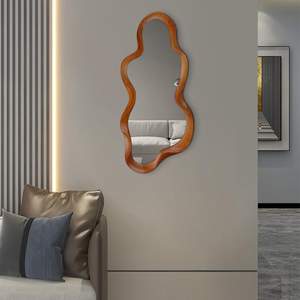 OSEMY 30" x 14" Irregular Walnut Wood Framed Wall Mirror