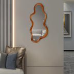 OSEMY 30" x 14" Irregular Walnut Wood Framed Wall Mirror