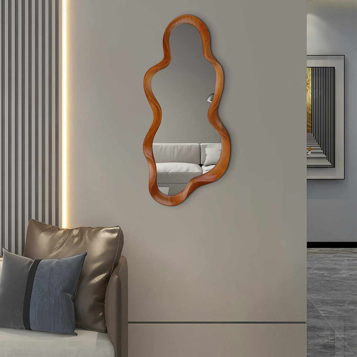 OSEMY 30" x 14" Irregular Walnut Wood Framed Wall Mirror