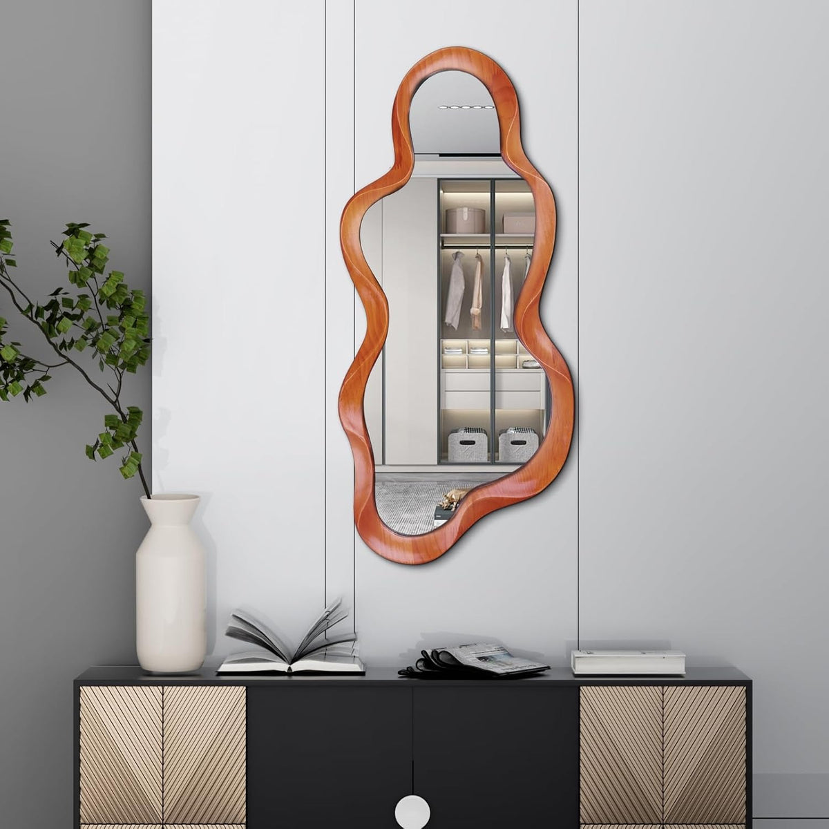 OSEMY 30" x 14" Irregular Walnut Wood Framed Wall Mirror