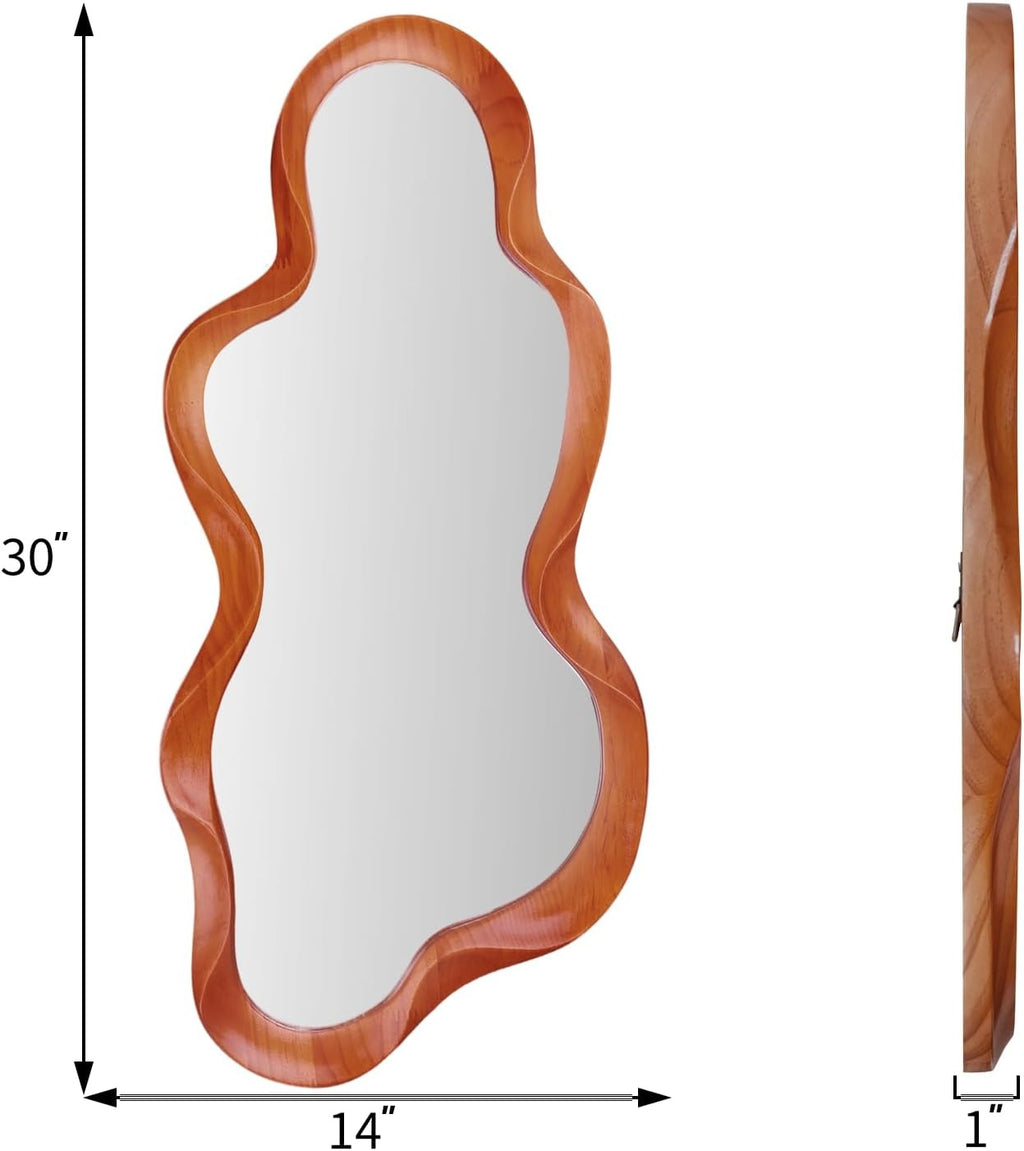 OSEMY 30" x 14" Irregular Walnut Wood Framed Wall Mirror
