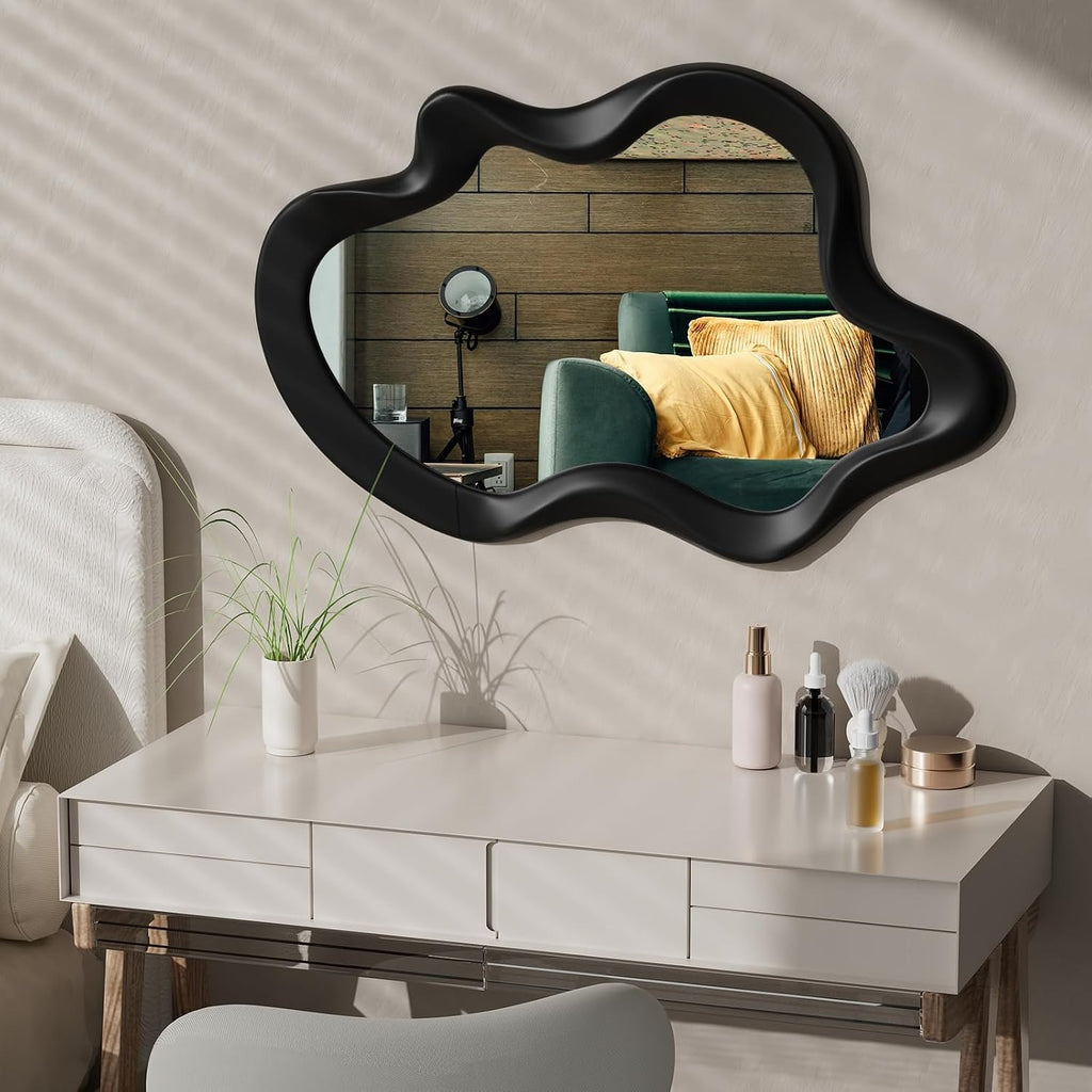 OSEMY 30" x 14" Irregular Walnut Wood Framed Wall Mirror