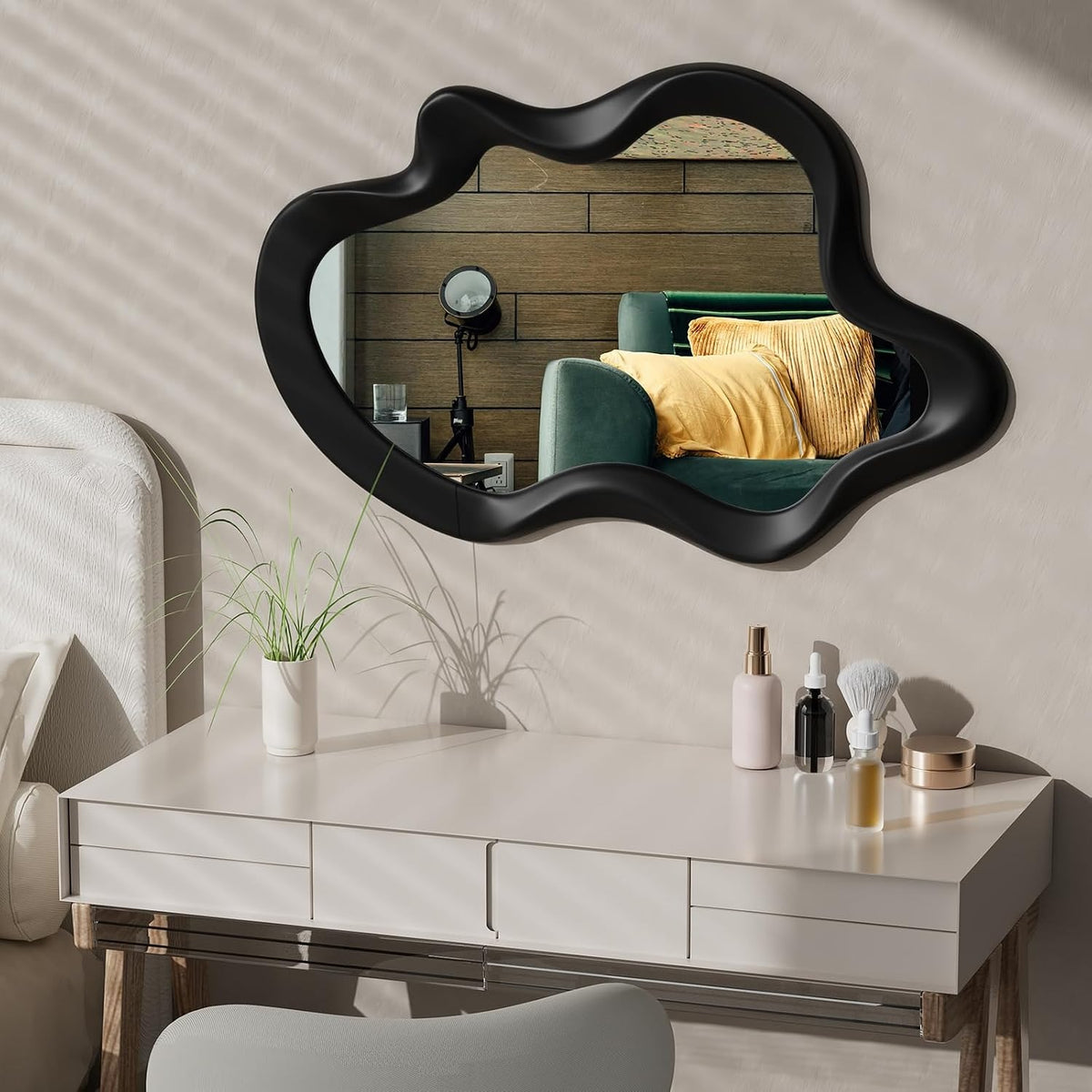 OSEMY 30" x 14" Irregular Walnut Wood Framed Wall Mirror
