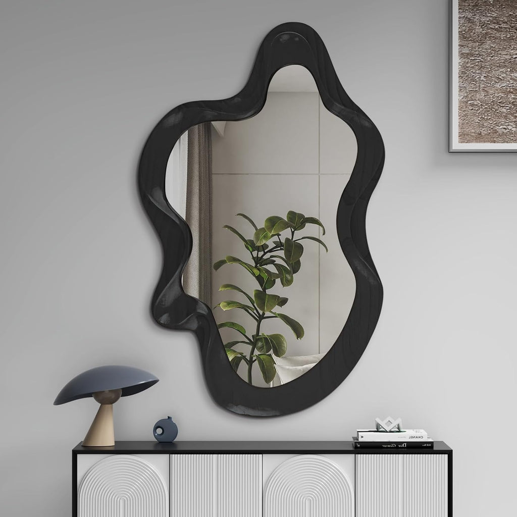 OSEMY 30" x 14" Irregular Walnut Wood Framed Wall Mirror