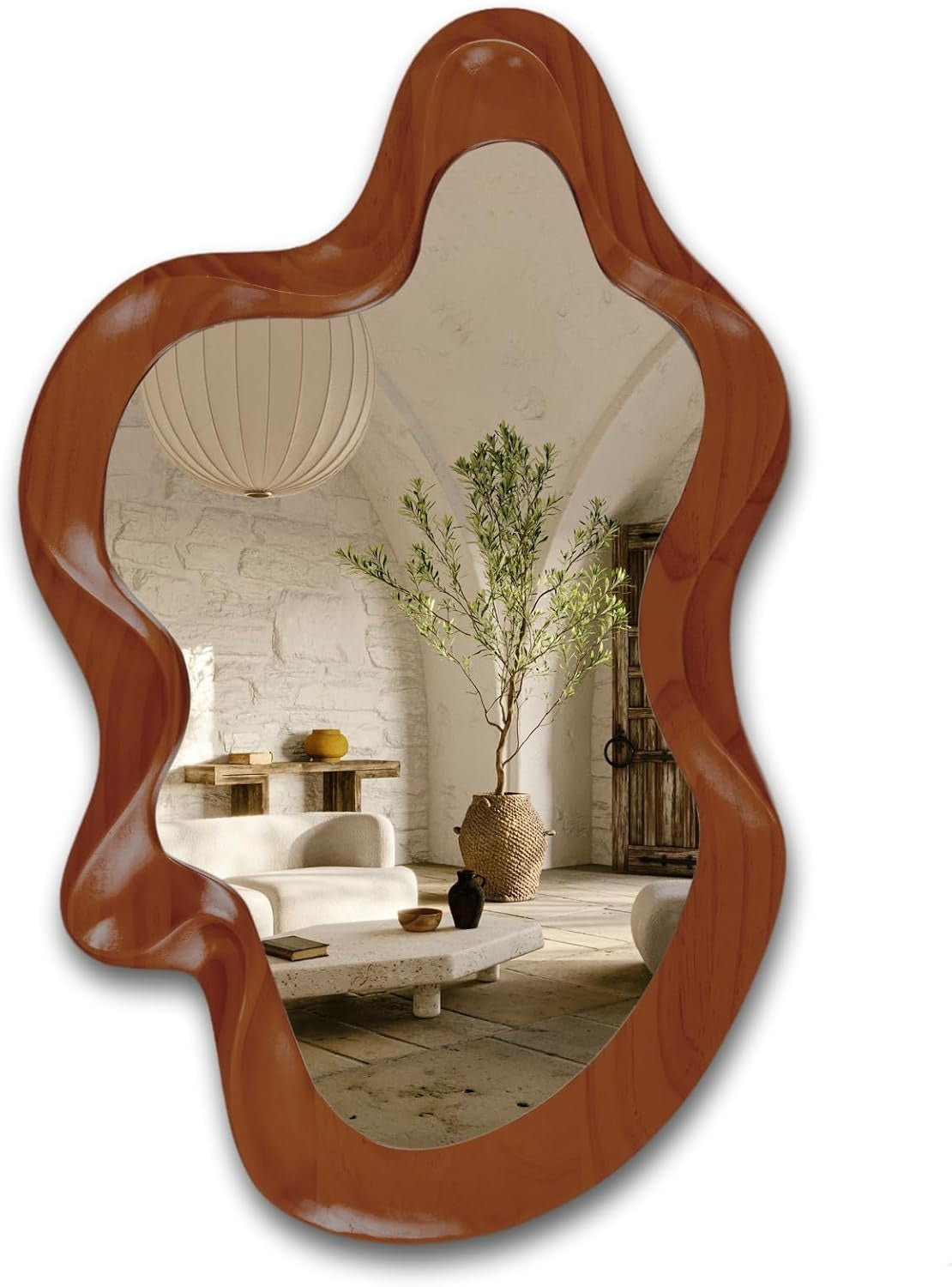 OSEMY 30" x 14" Irregular Walnut Wood Framed Wall Mirror
