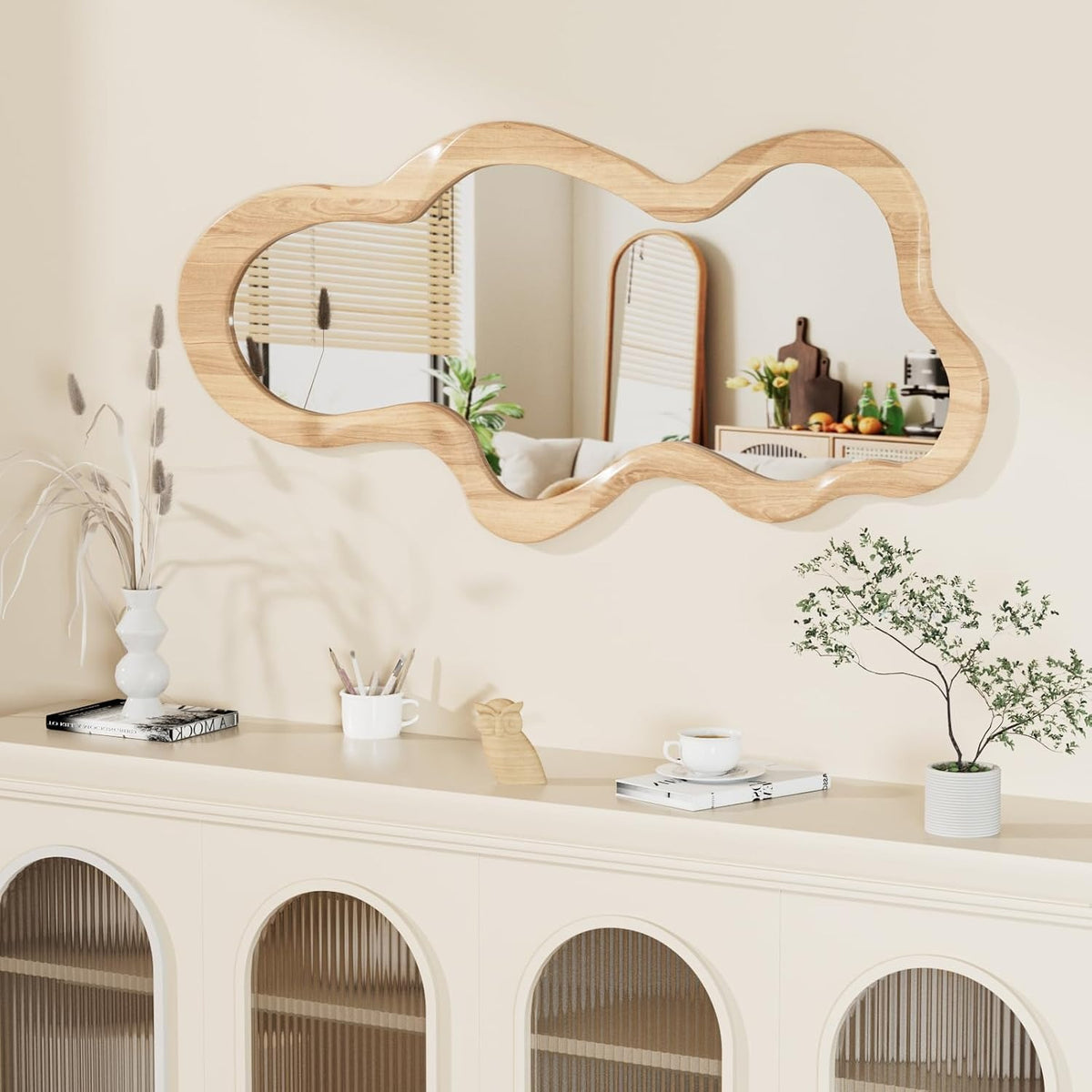 OSEMY 30" x 14" Irregular Walnut Wood Framed Wall Mirror