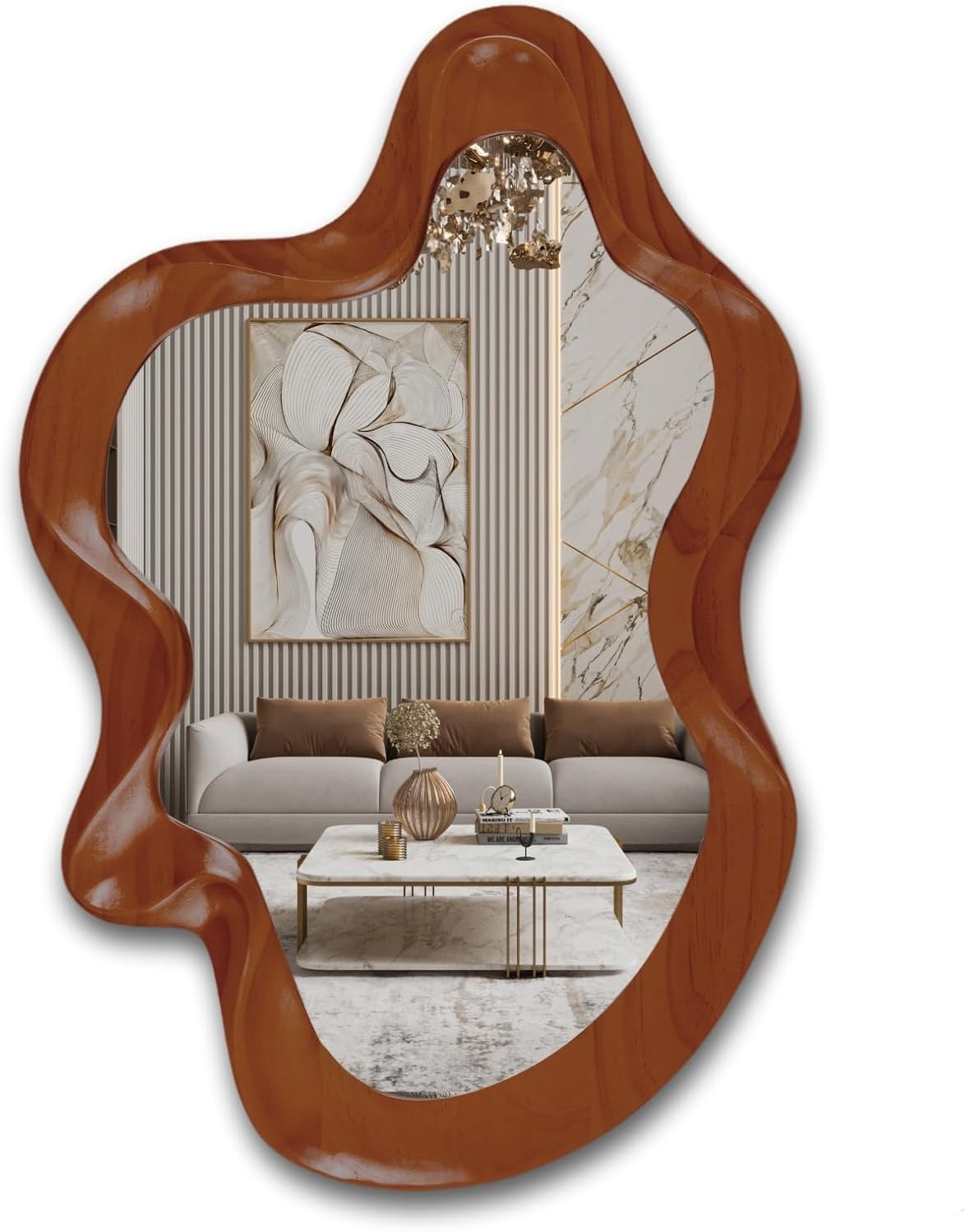 OSEMY 30" x 14" Irregular Walnut Wood Framed Wall Mirror