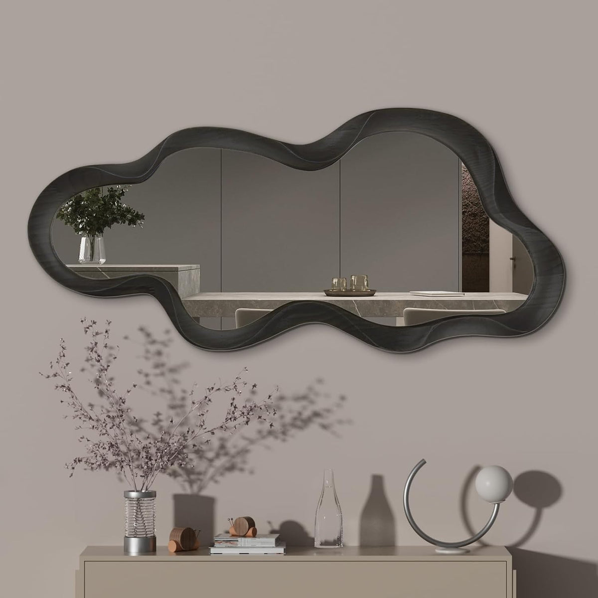 OSEMY 30" x 14" Irregular Walnut Wood Framed Wall Mirror
