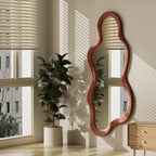 OSEMY 30" x 14" Irregular Walnut Wood Framed Wall Mirror