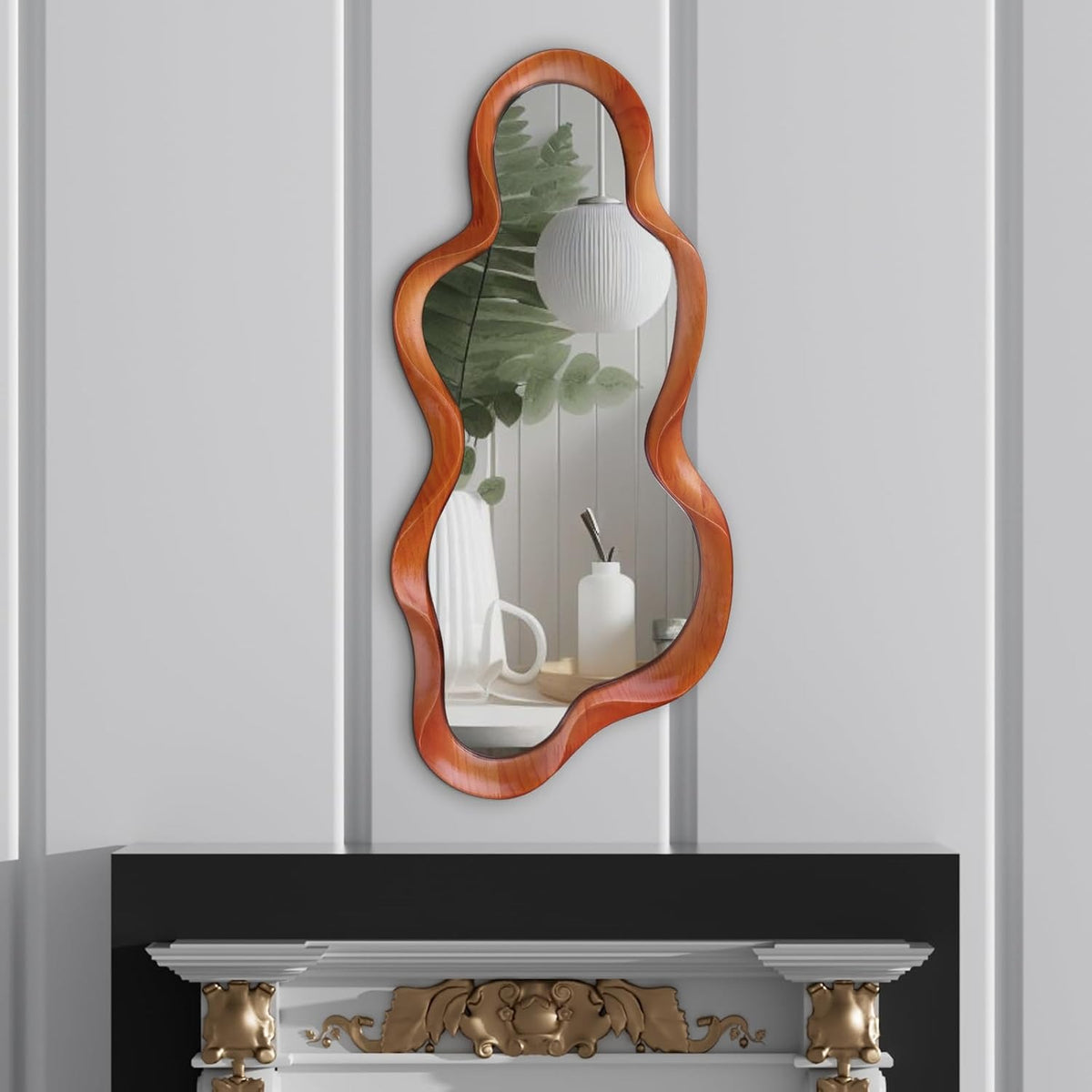 OSEMY 30" x 14" Irregular Walnut Wood Framed Wall Mirror