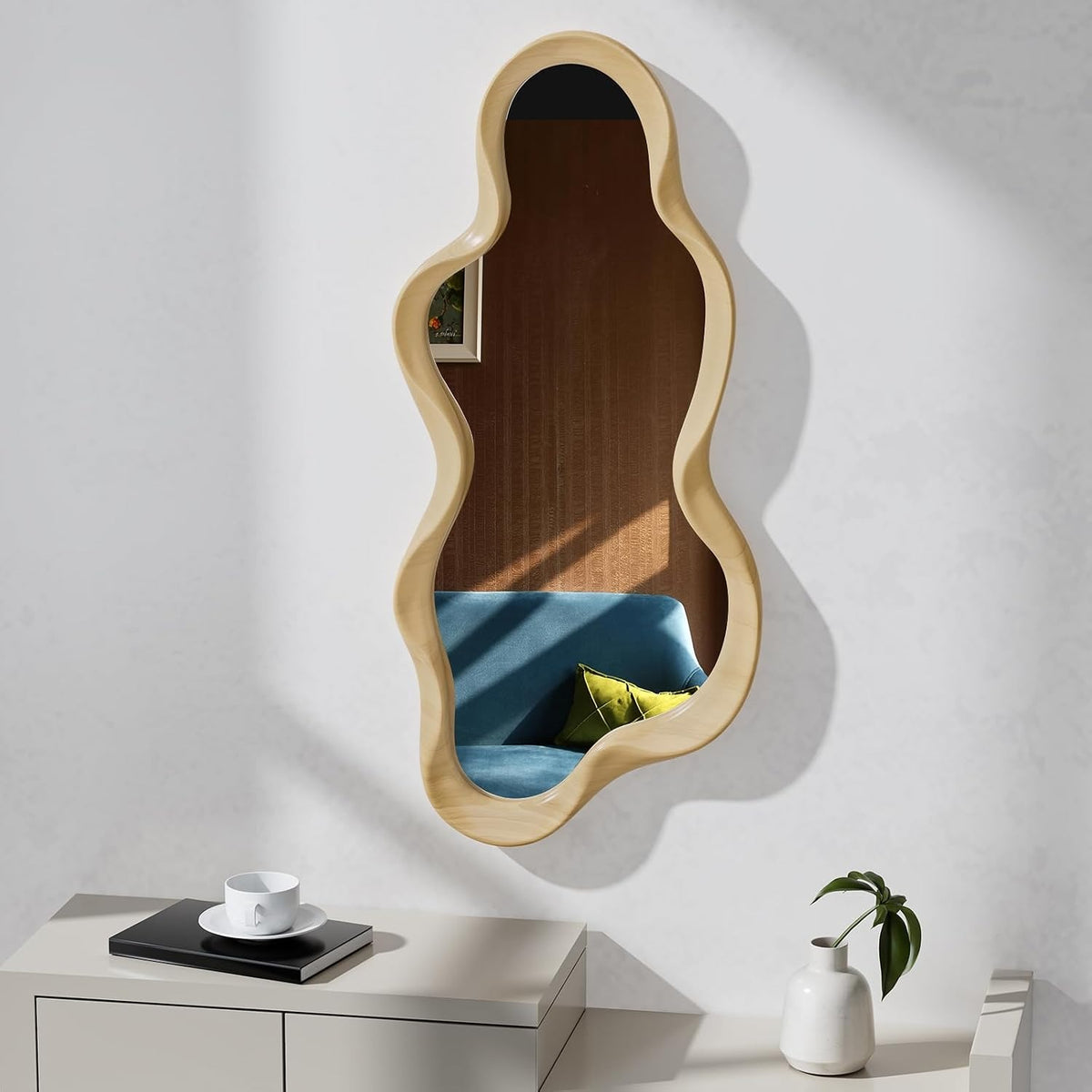 OSEMY 30" x 14" Irregular Walnut Wood Framed Wall Mirror