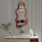 OSEMY 30" x 14" Irregular Walnut Wood Framed Wall Mirror